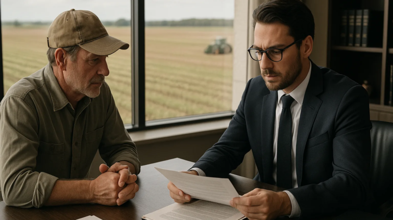 Advogado e produtor revisando contrato de arrendamento rural em escritório com vista para a lavoura