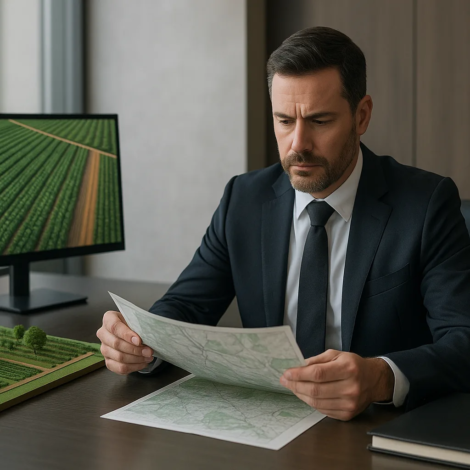 Advogado analisa risco socioambiental de fazenda com mapa e imagem aérea