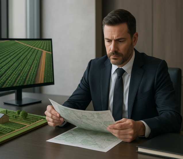 Advogado analisa risco socioambiental de fazenda com mapa e imagem aérea