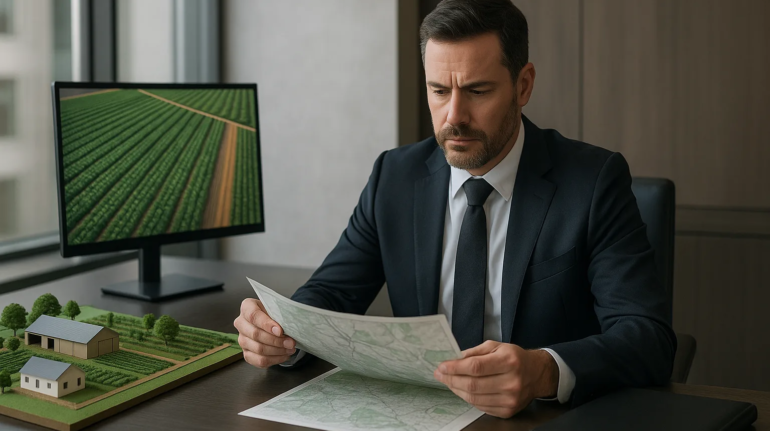 Advogado analisa risco socioambiental de fazenda com mapa e imagem aérea