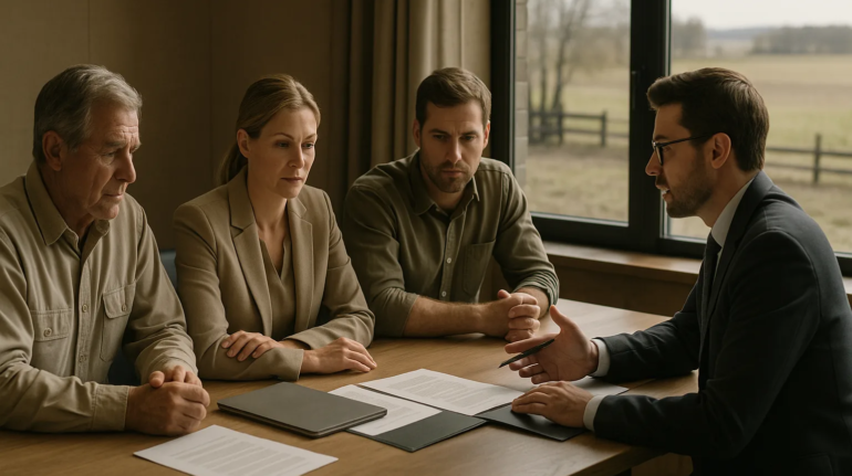 Família empresária e advogado discutem holding rural em ambiente corporativo