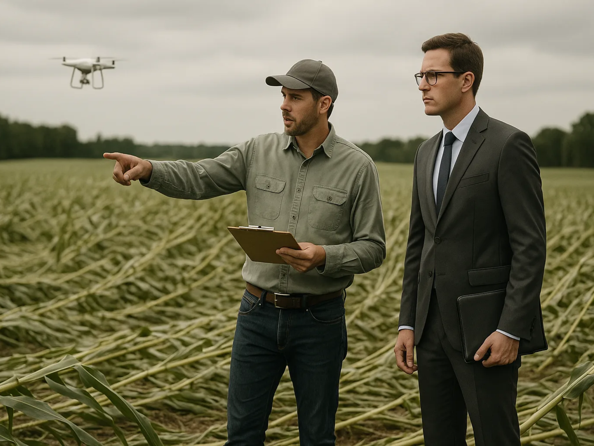 Advogado e técnico analisando lavoura após evento climático em vistoria rural
