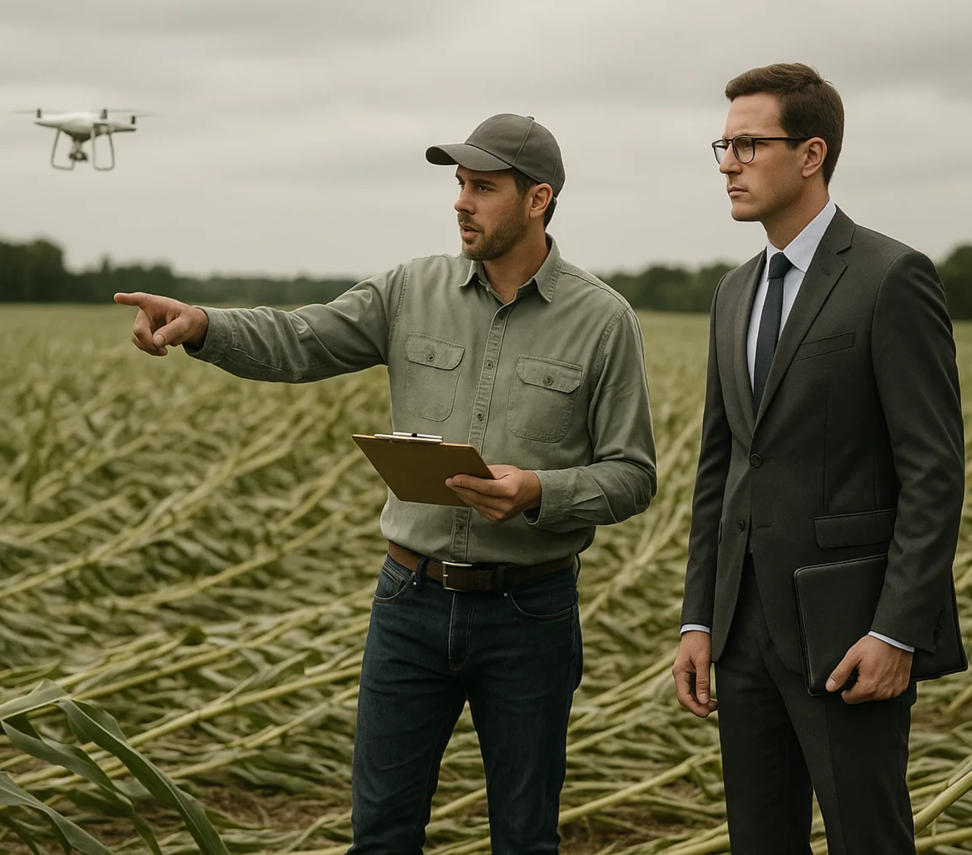 Advogado e técnico analisando lavoura após evento climático em vistoria rural