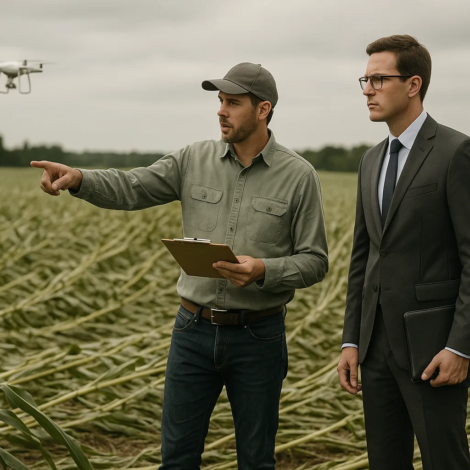 Advogado e técnico analisando lavoura após evento climático em vistoria rural