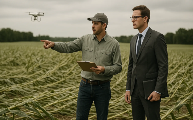 Advogado e técnico analisando lavoura após evento climático em vistoria rural