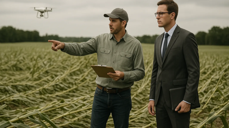 Advogado e técnico analisando lavoura após evento climático em vistoria rural