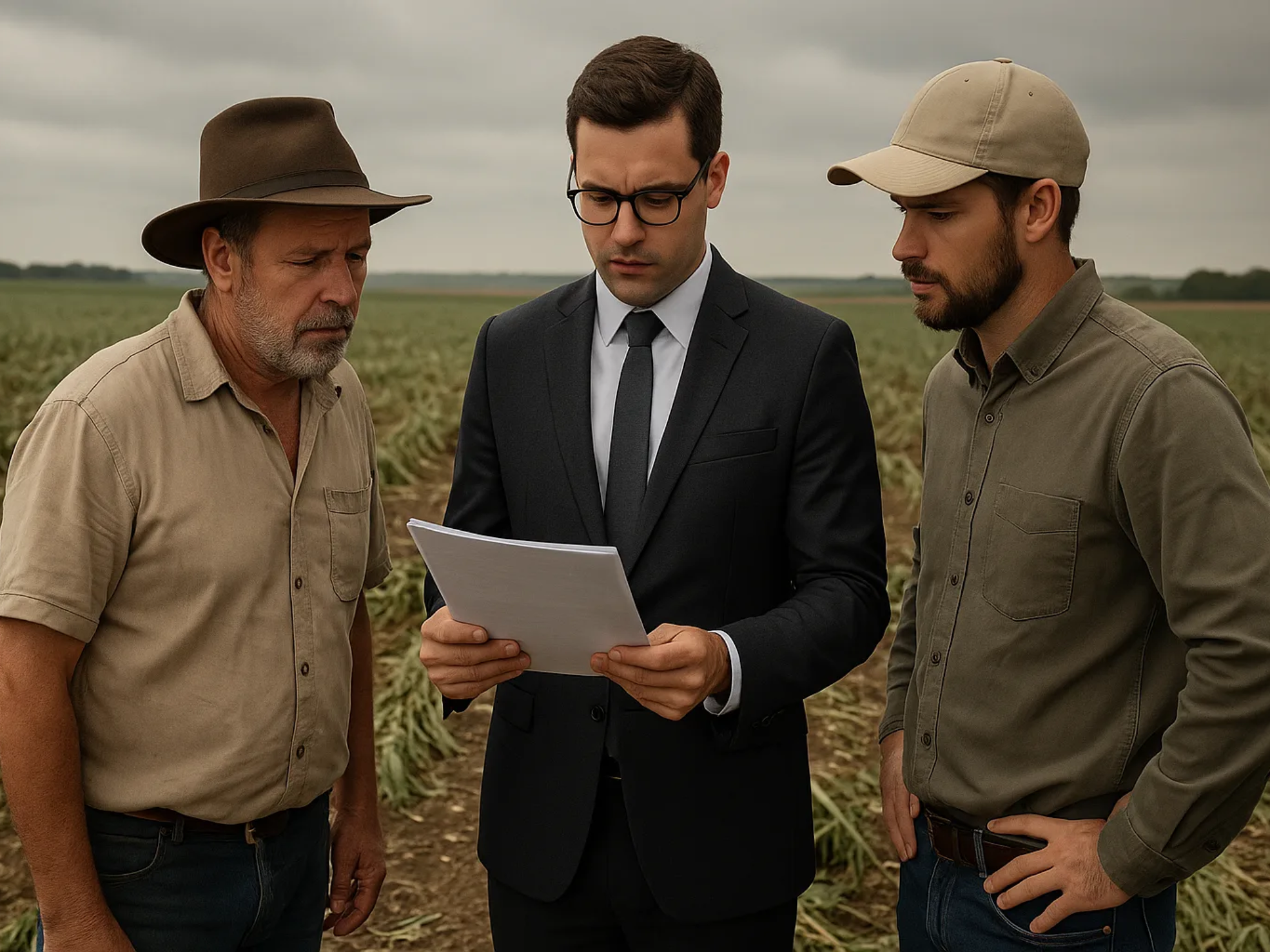 Advogado analisa seguro rural com produtor e agrônomo após evento climático