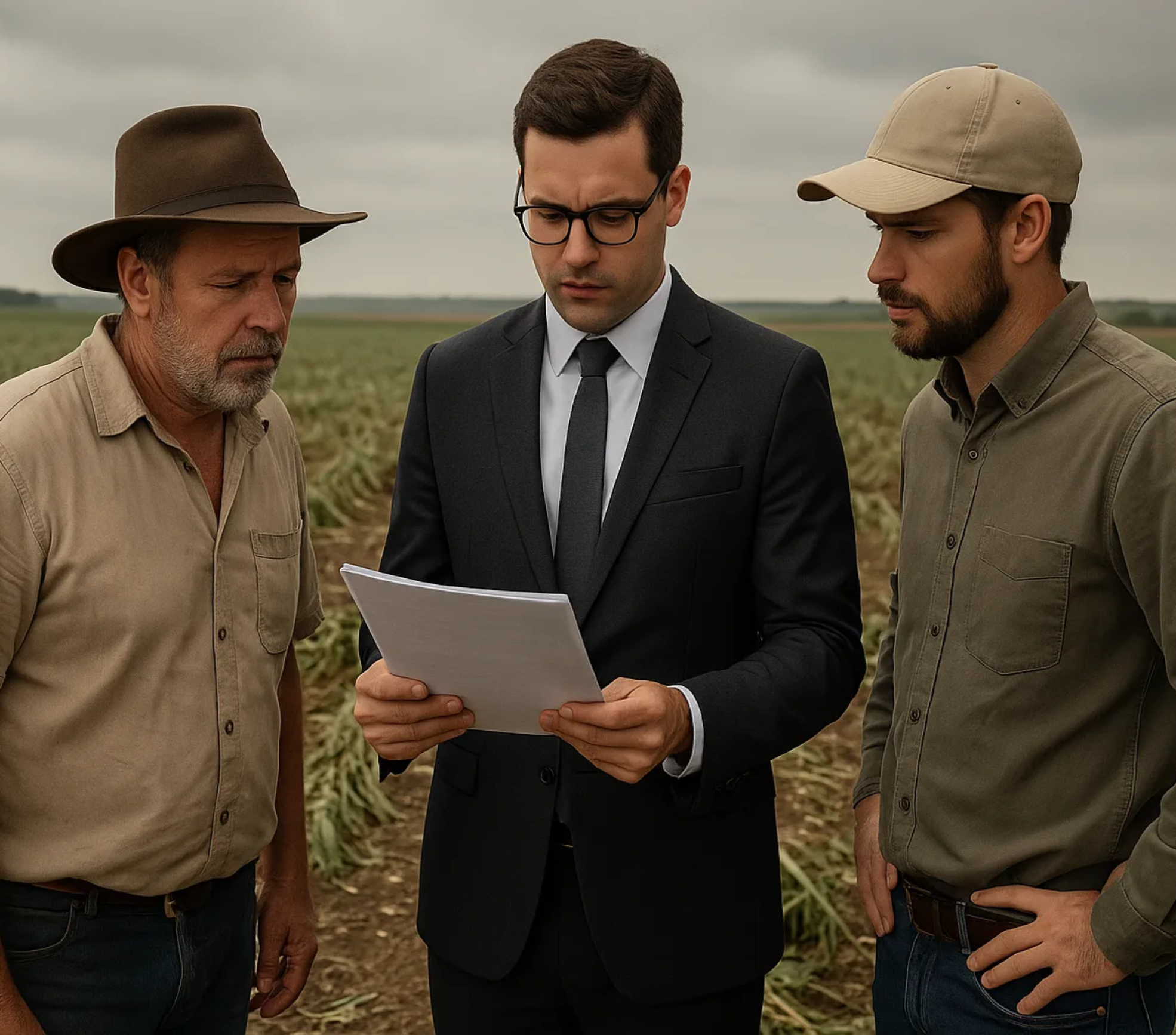 Advogado analisa seguro rural com produtor e agrônomo após evento climático