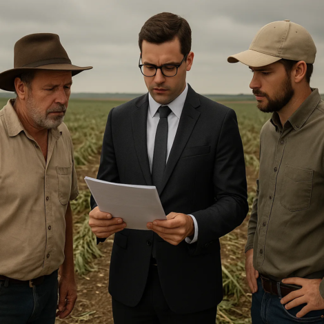 Advogado analisa seguro rural com produtor e agrônomo após evento climático