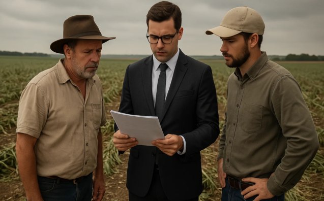 Advogado analisa seguro rural com produtor e agrônomo após evento climático