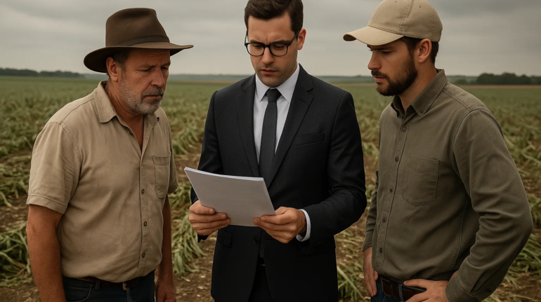 Advogado analisa seguro rural com produtor e agrônomo após evento climático