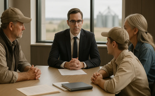Família rural e advogado discutindo sucessão patrimonial em ambiente corporativo