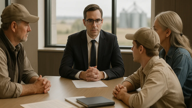 Família rural e advogado discutindo sucessão patrimonial em ambiente corporativo